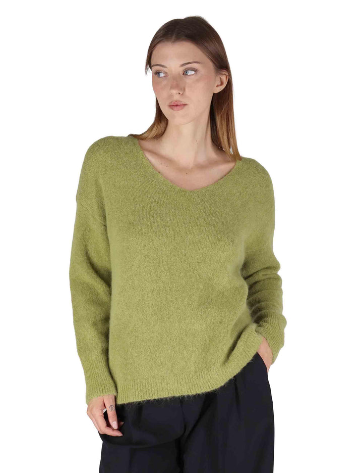Maglioni donna in lana alpaca verde con ampio scollo a V JABMF0025-G074 7013 Justmine 