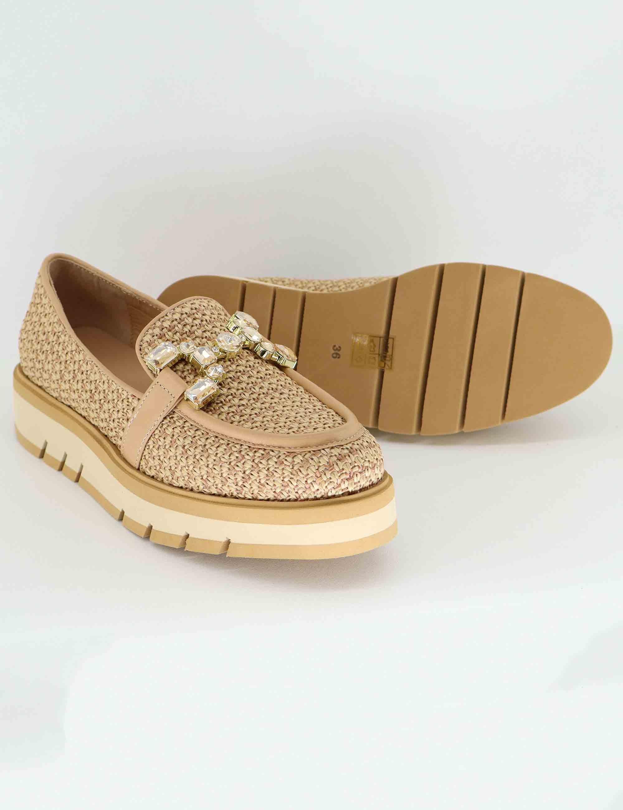 Mocassini donna in pelle e tessuto beige con gioiello BL1603X 017 Bruno Premi 