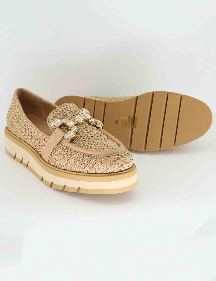 Mocassini donna in pelle e tessuto beige con gioiello BL1603X 017 Bruno Premi 