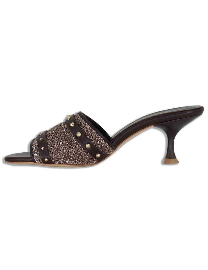 Sandali donna in pelle e rafia testa di moro con borchie oro e tacco alto SP261402 014 Spatarella 