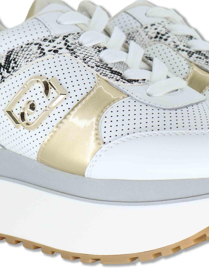 Sneakers donna in pelle bianca con riporti in contrasto e suola alta 5cm MAXI WONDER 02 BIS GOLD Liu-Jo 
