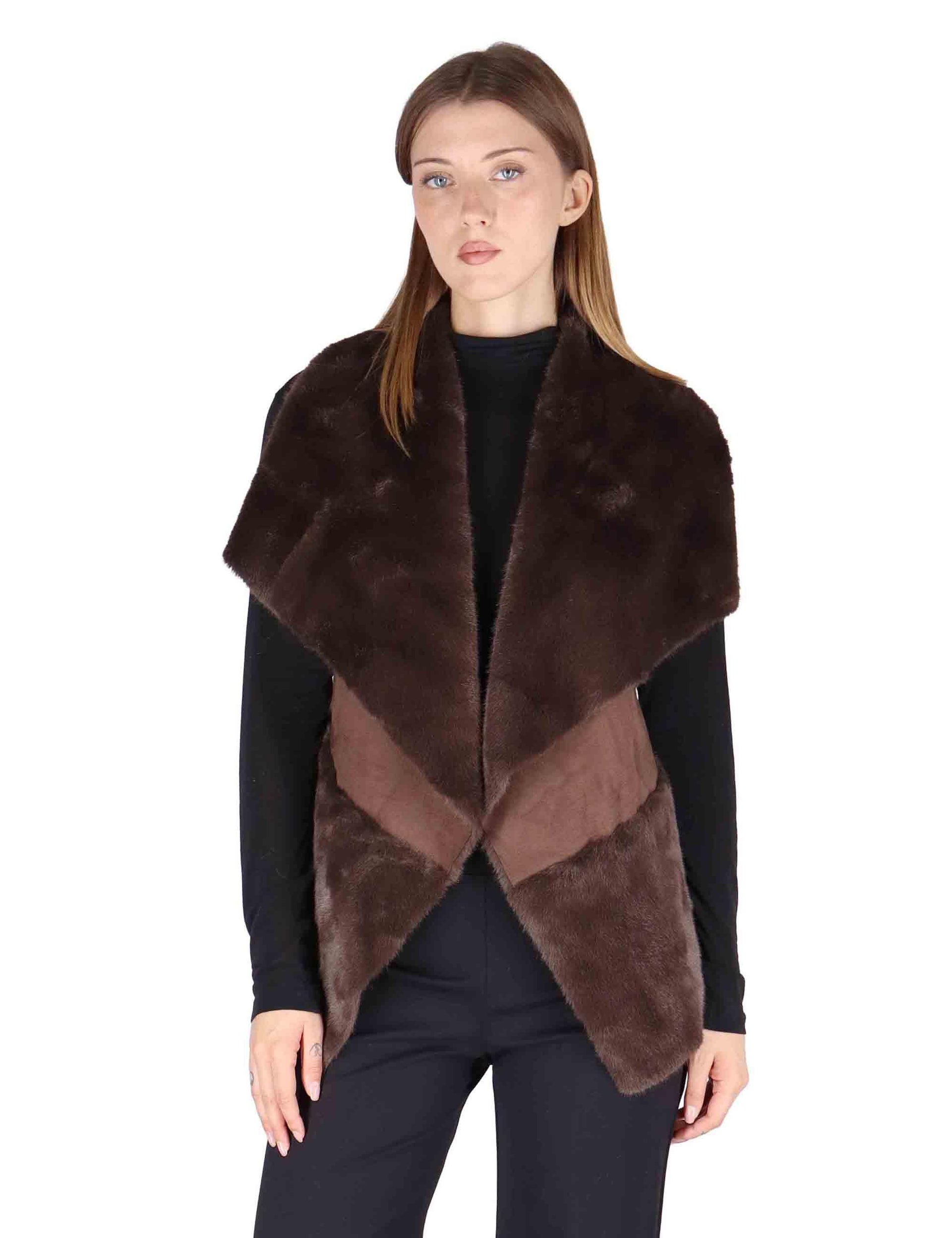 Gilet reversibili donna in eco fur marrone effetto pelliccia SP25305 CHOCOLATE Spatarella 