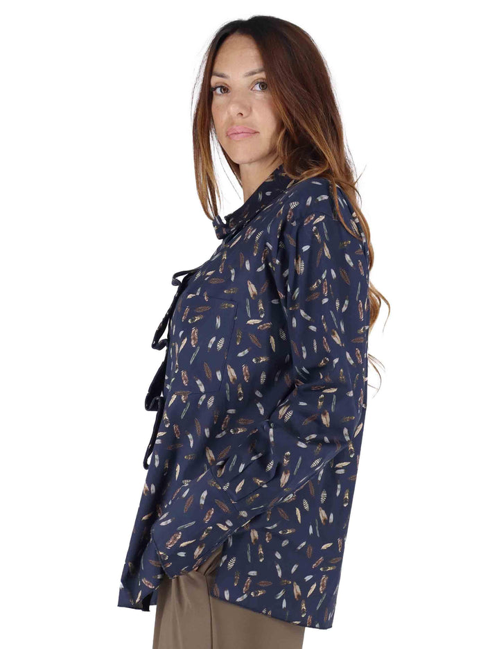 Camicie donna in cotone blu a fantasia con rouches 3W25-CANNA PIUMA NIGHT TreBarraBi 