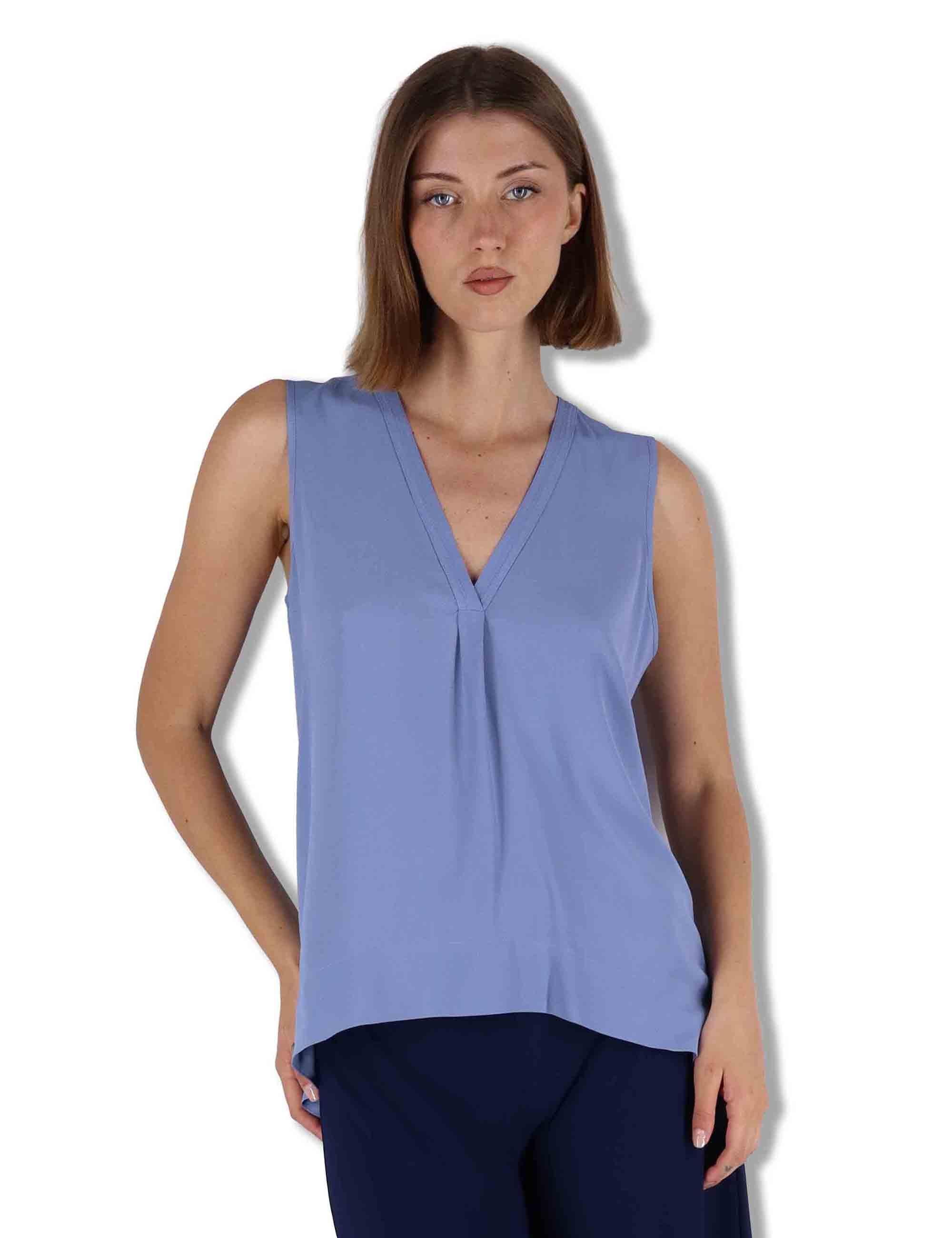 Top donna Fluid Crepe in seta azzurra senza maniche maniche scollo a V JP554050672 81001 Maliparmi 