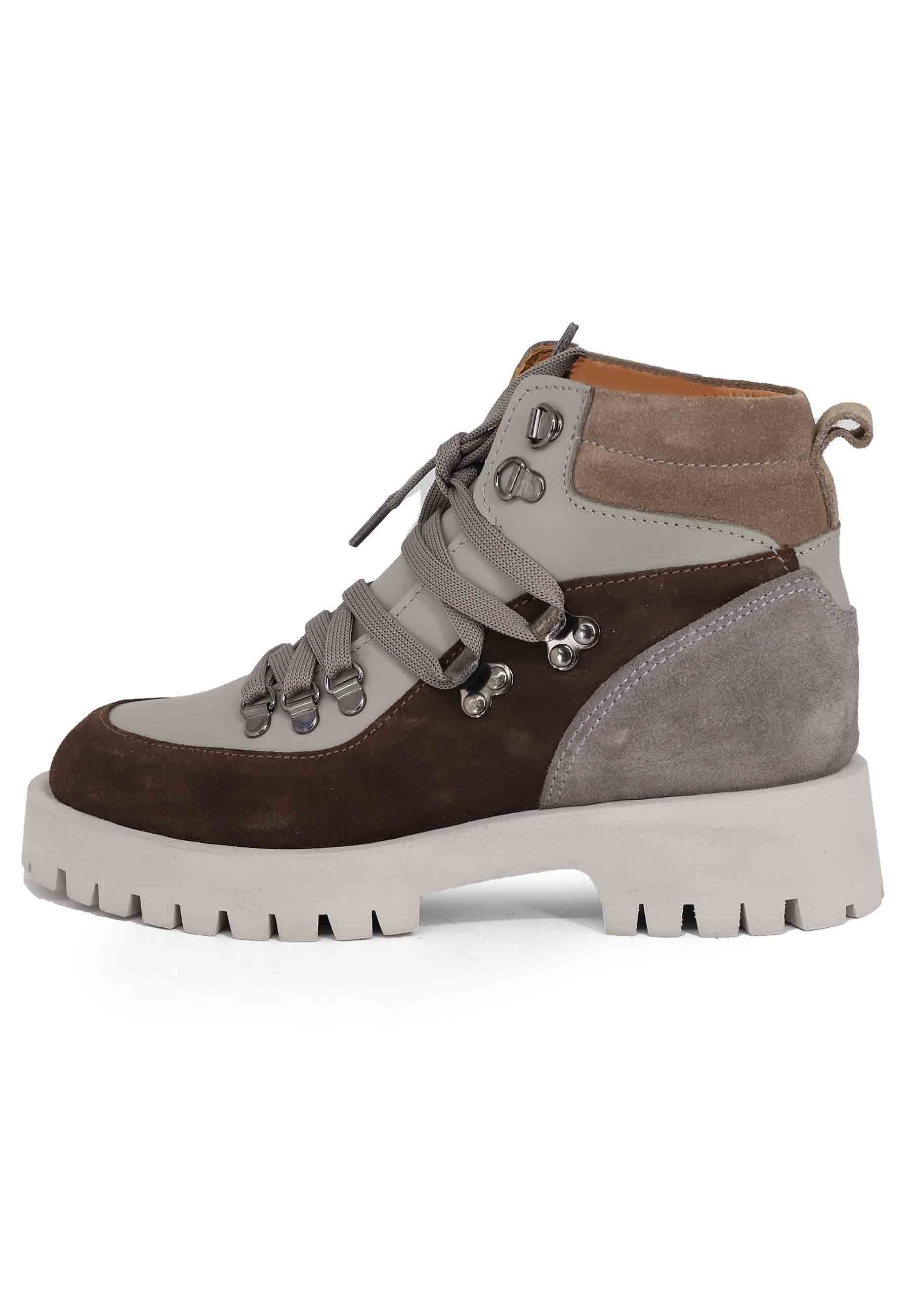 Stivaletti trakking donna in pelle grigia e camoscio marrone con suola carrarmato SP VIENNA 013 Spatarella 