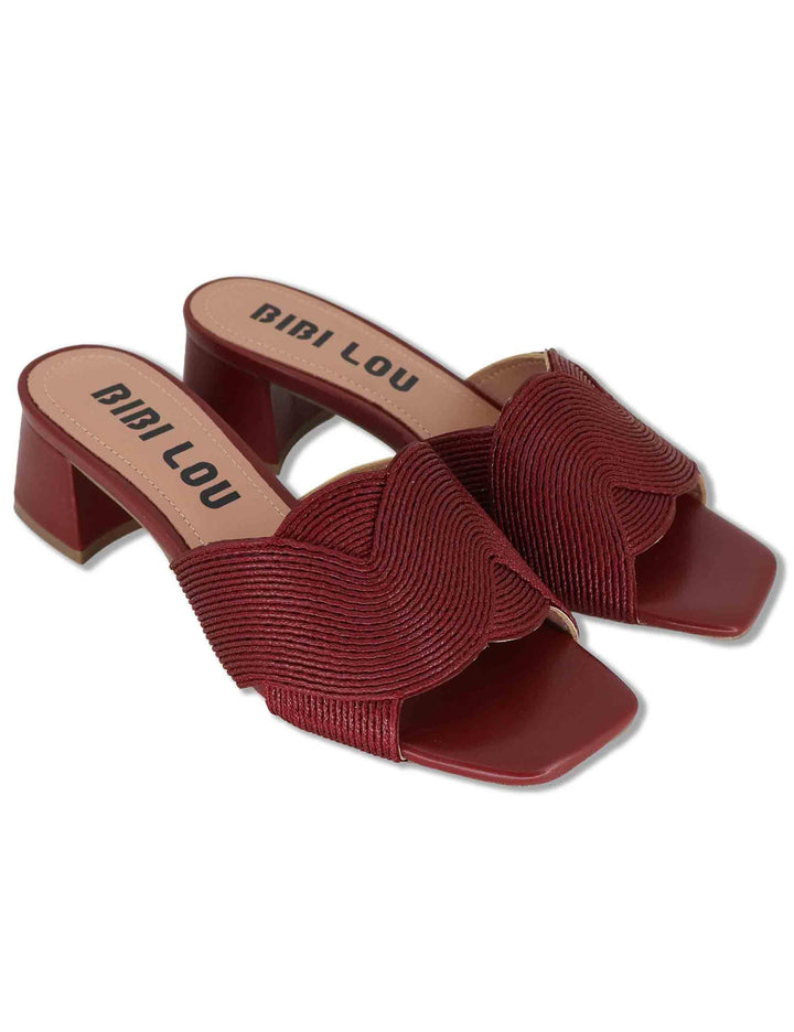 Sandali donna scalzati in pelle e tessuto intrecciato bordeaux tacco basso 879Z94HG 40-BURGUND Bibi Lou 