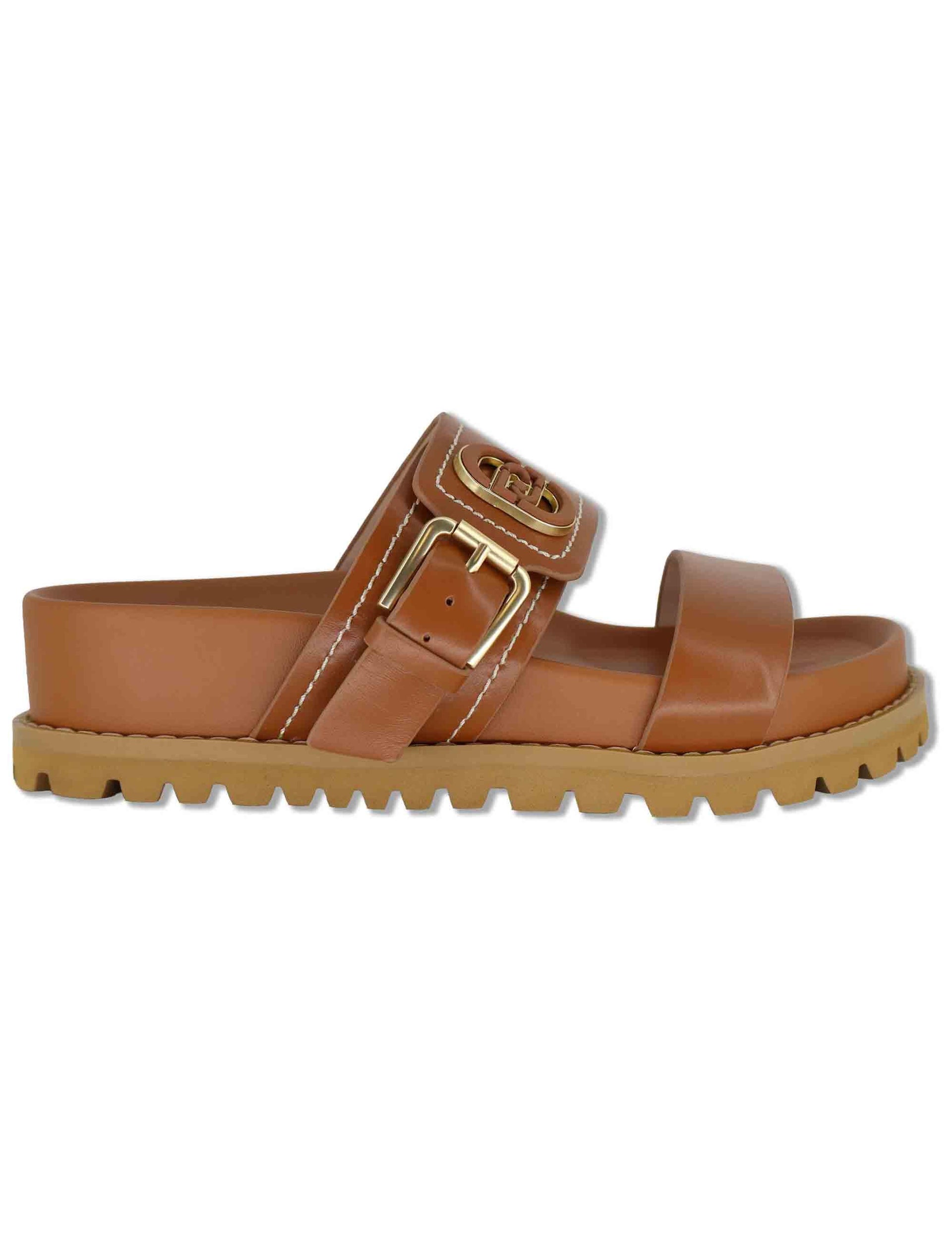 Sandali donna in pelle cuoio con fibbia laterale e fussbett di 4 cm LIVIA 02 SADDLE Liu-Jo 