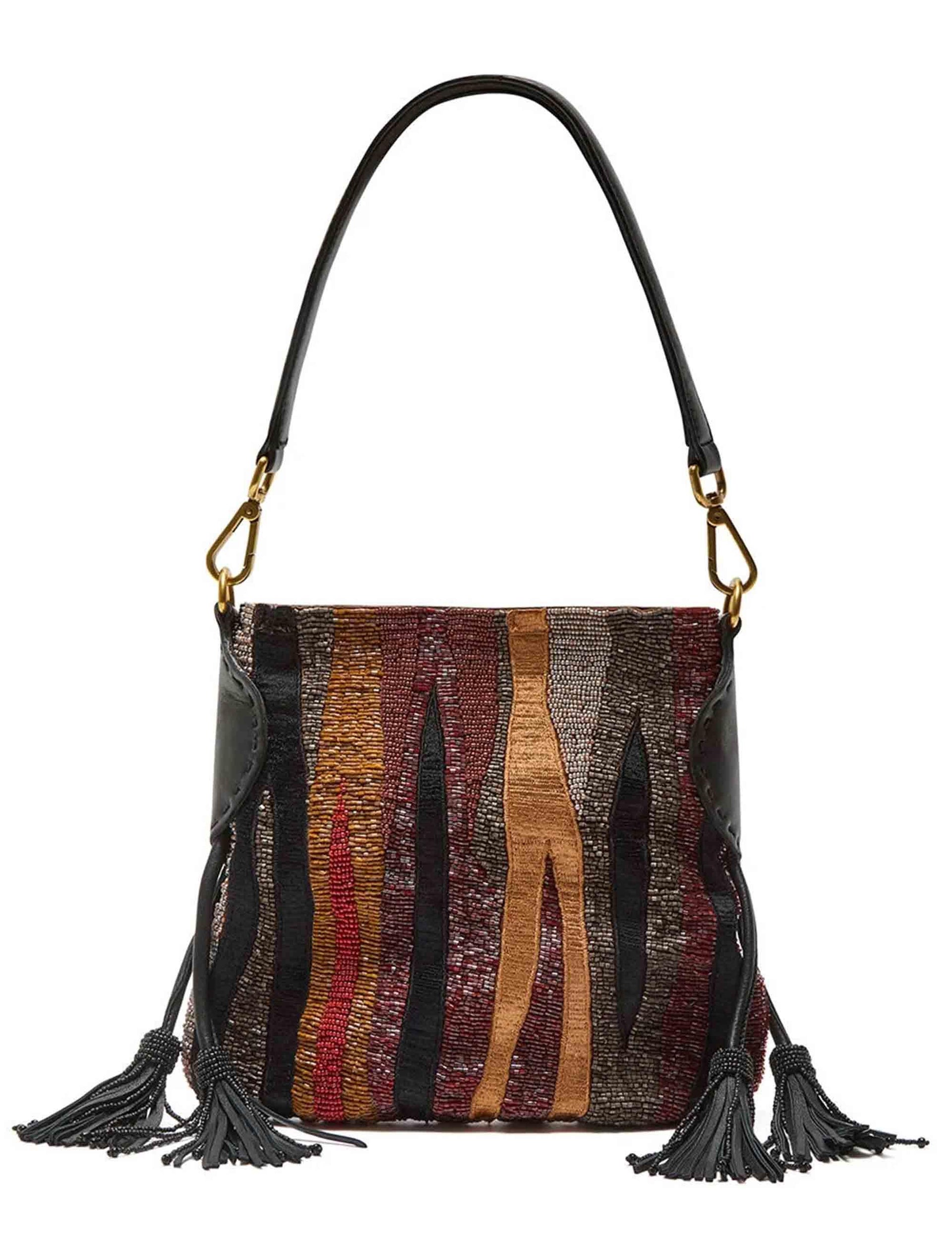 Borse donna Flame Embroidery in pelle nera con tracolla a spalla BF000907235 99C99 Maliparmi 