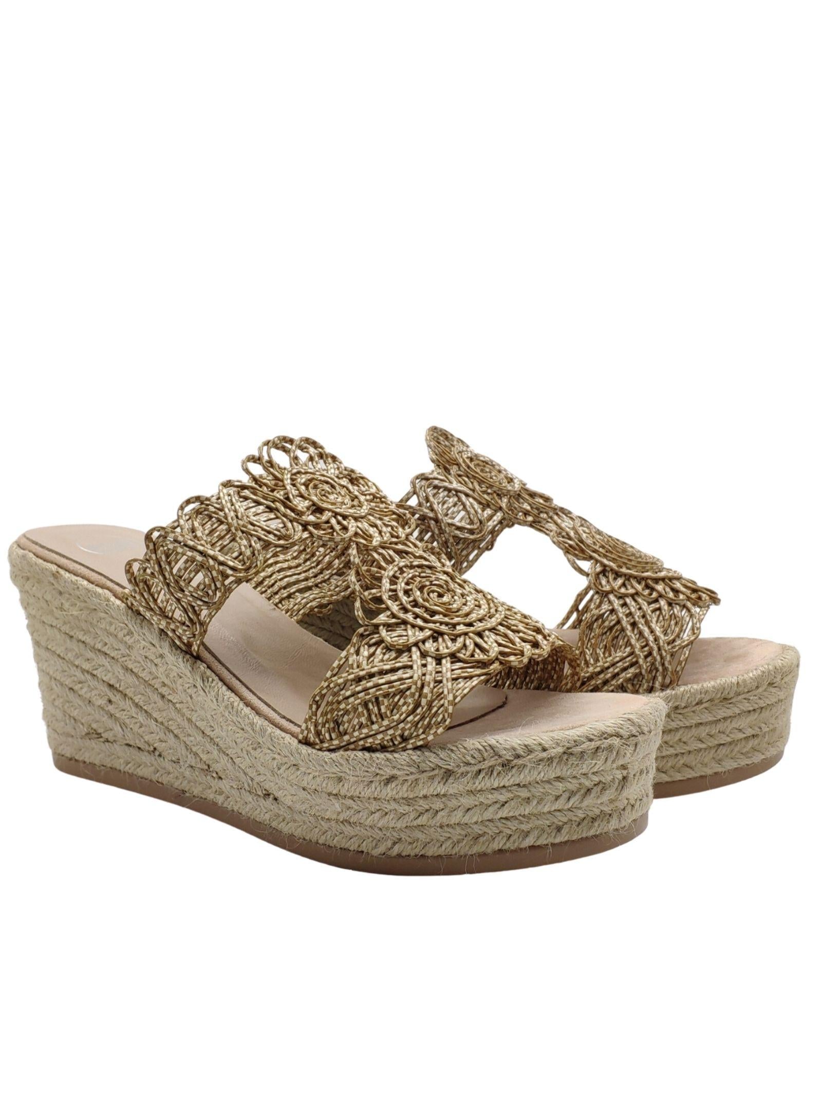 Calzature Donna Sandali in Tessuto Beige con Zeppa Alta in Corda 18116 BEIGE Exe 
