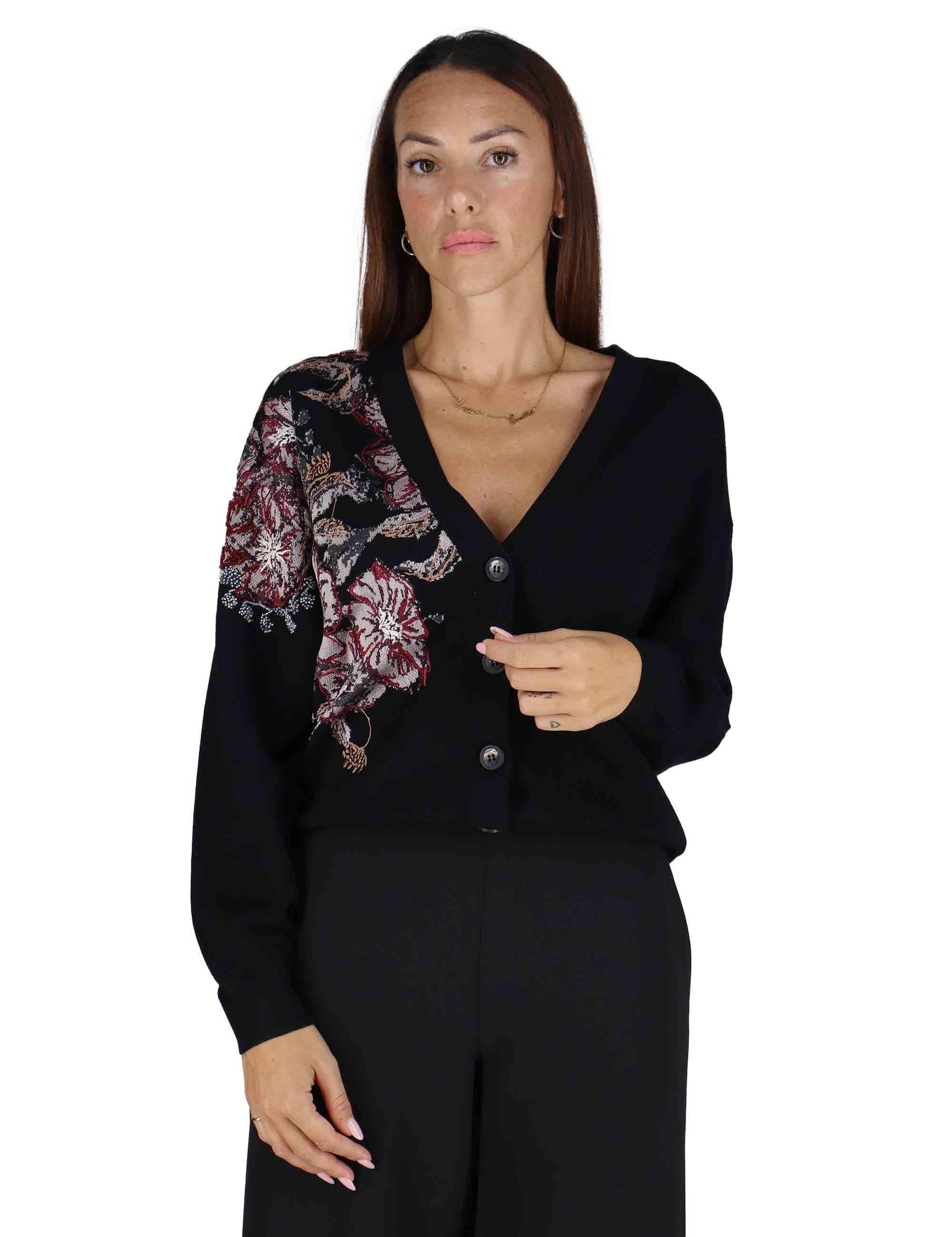 Cardigan Flower Jacquard in lana nera Donna JN370278206 20B99