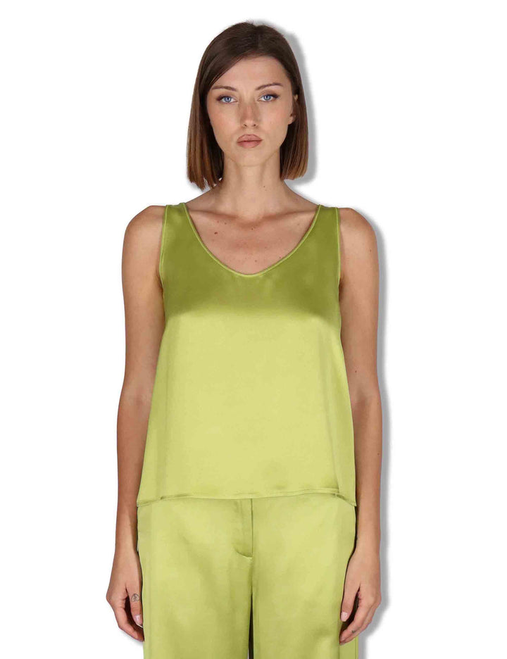 Top donna Shiny Cady in satin verde svasato con scollo posteriore JP556950631 60109 Maliparmi 