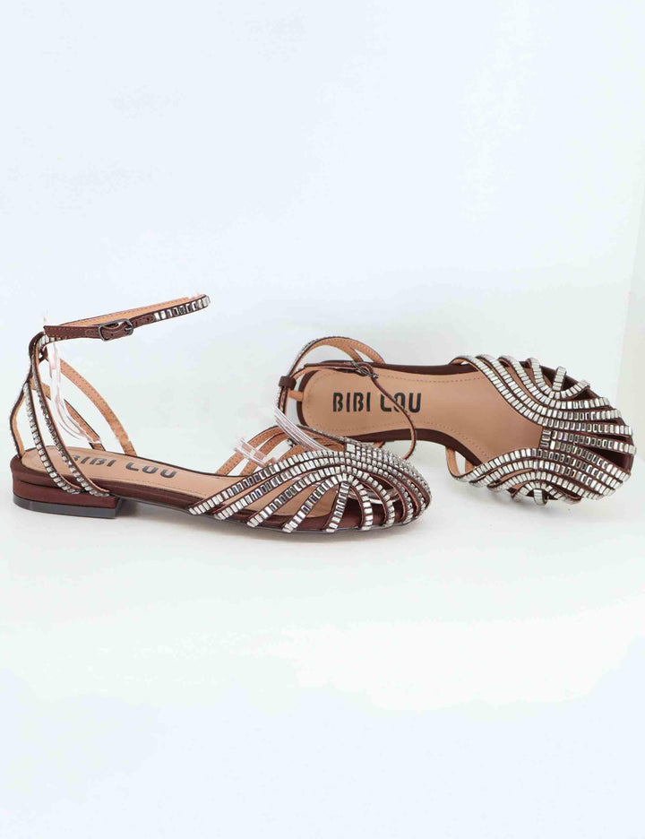 Sandali donna Serabi in tessuto marrone con strass e tacco basso 559Z75VK 028 Bibi Lou 