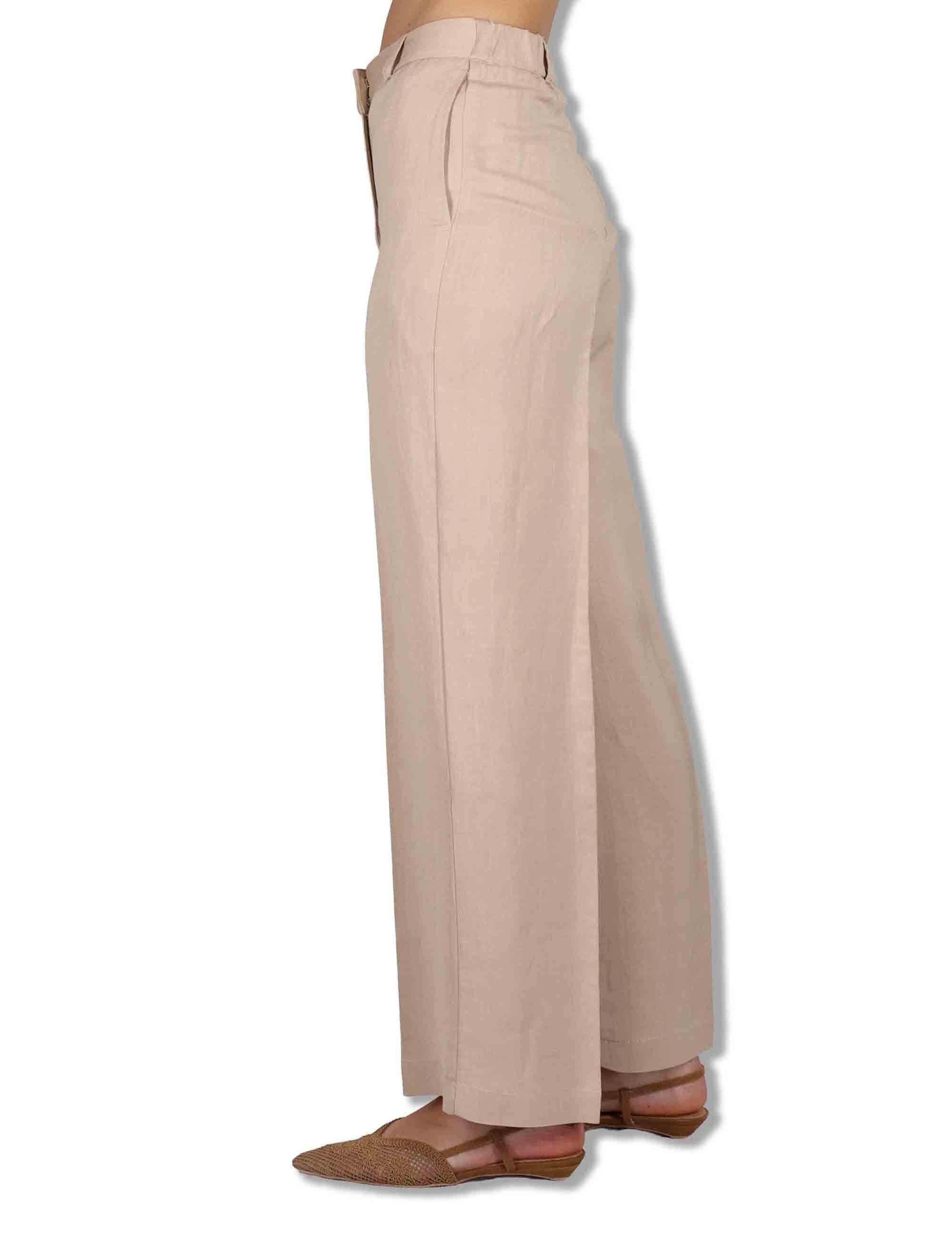 Pantaloni donna Timeless in lino sabbia a gamba larga e tasche laterali JH803340106 11024 Maliparmi 