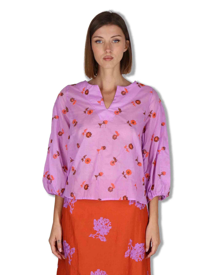 Camicie donna in cotone lilla con ricami florali e maniche a 3/4 JABCM0001-F1509-1231 3110 Justmine 