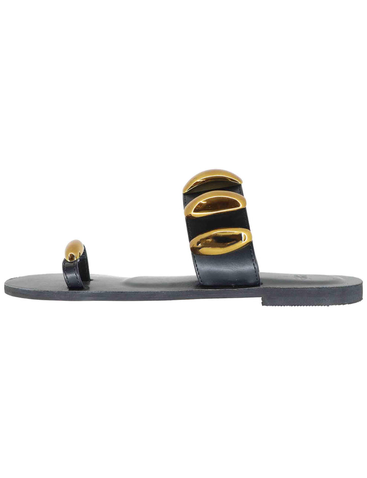 Sandali flat infradito donna in tessuto nero con borchie U428B6011001 NSS01 Exe 