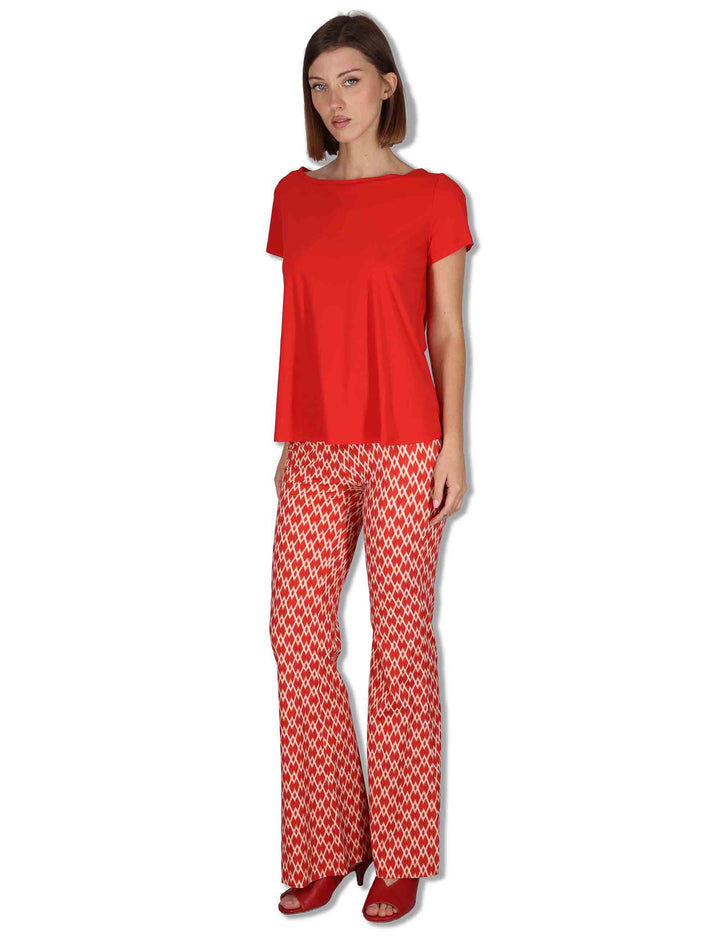 Pantaloni donna Diamond Glow in tessuto stampato rosso e beige a fantasia JH719570674 B3038 Maliparmi 