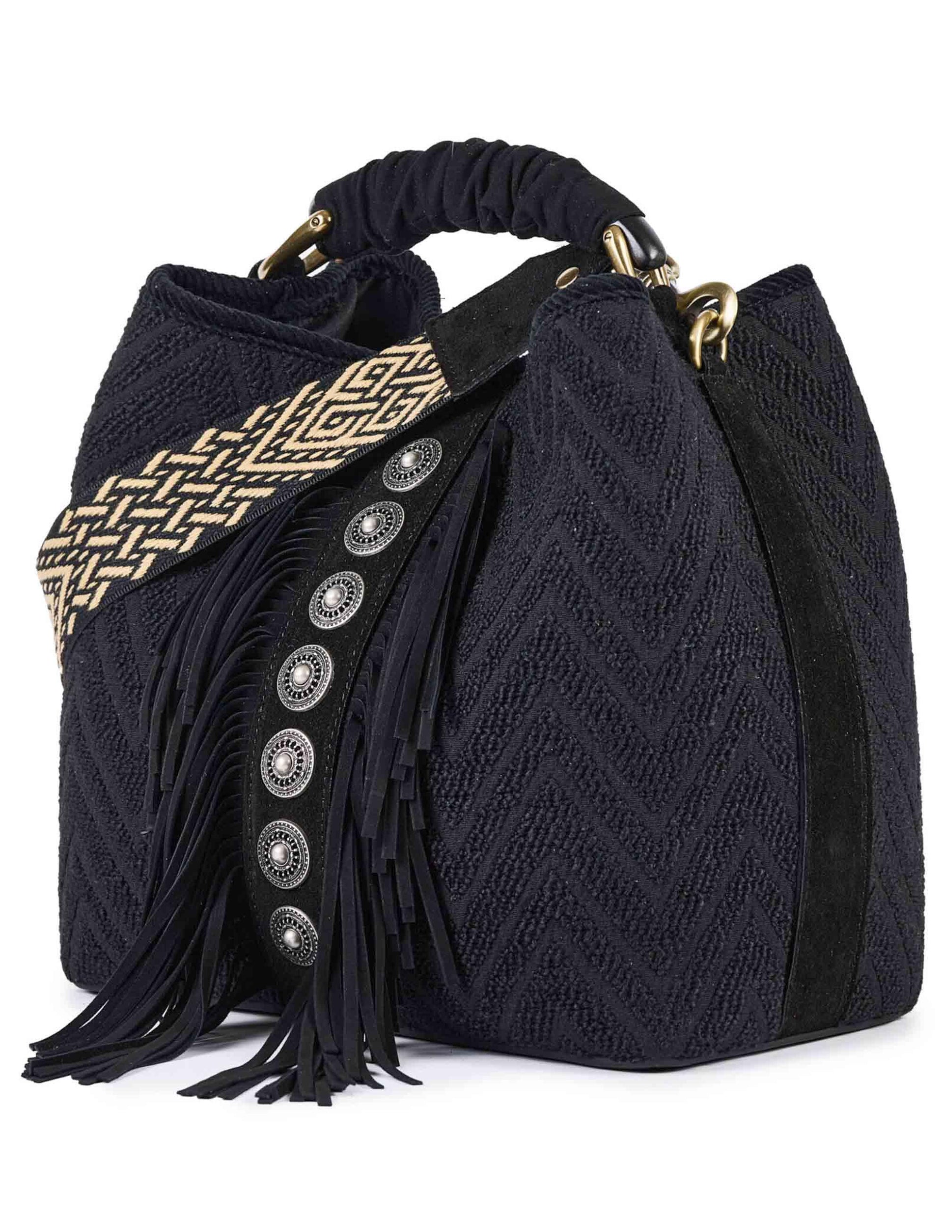 Borse donna in tessuto jacquard nero con borchie e frange CORAL Q06 Via Mail Bag 