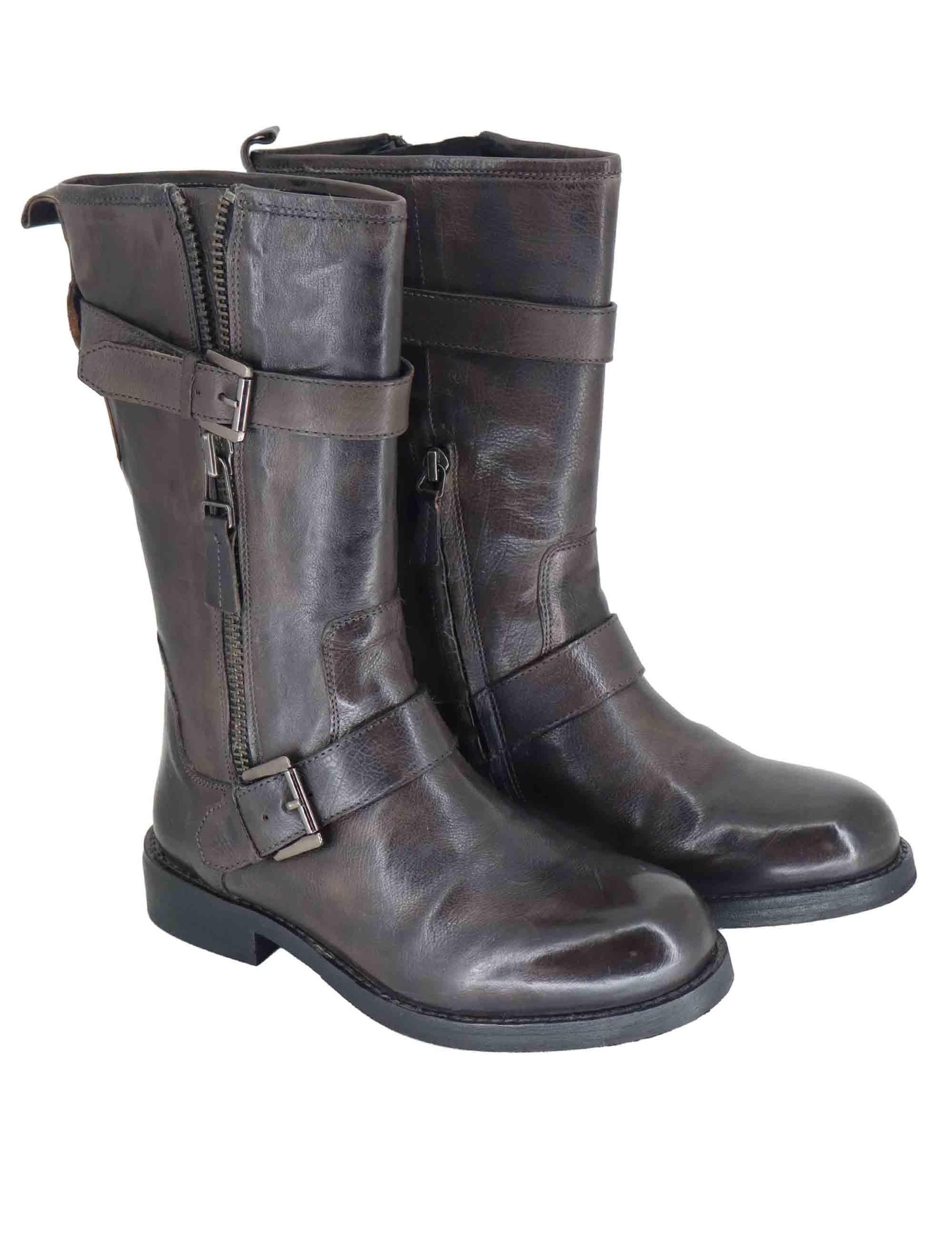 Stivaletti donna in pelle marrone con tacco basso e cinturini 252-22-23 DKGRE Zolfo 