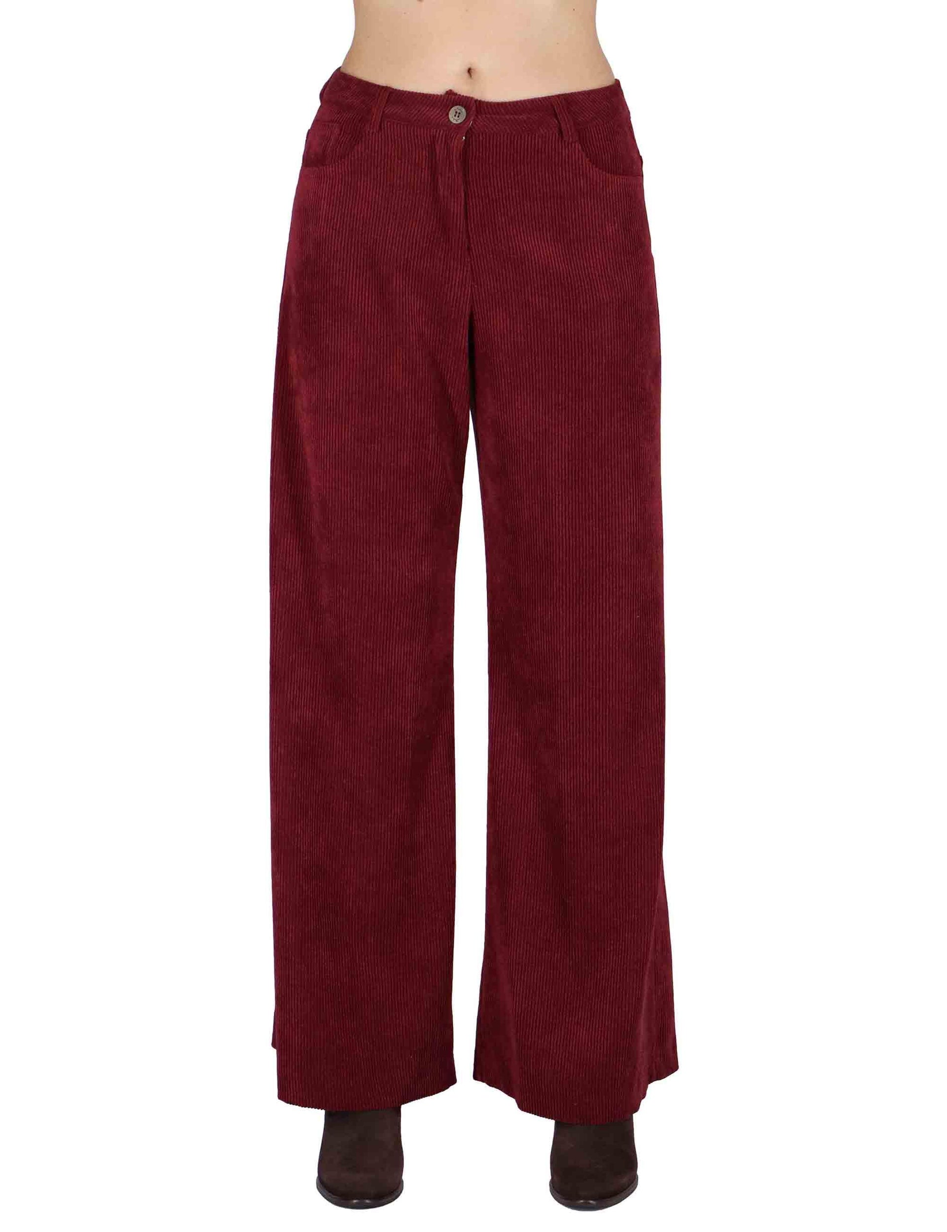 Pantaloni donna in velluto bordeaux con vita alta e gamba larga JABPN0025-F1233 4280 Justmine 
