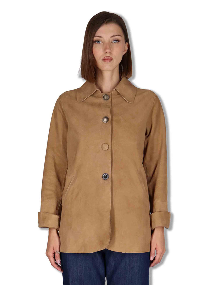 Giacche donna in camoscio cammello con bottoni gioiello SP2427 013 Spatarella 