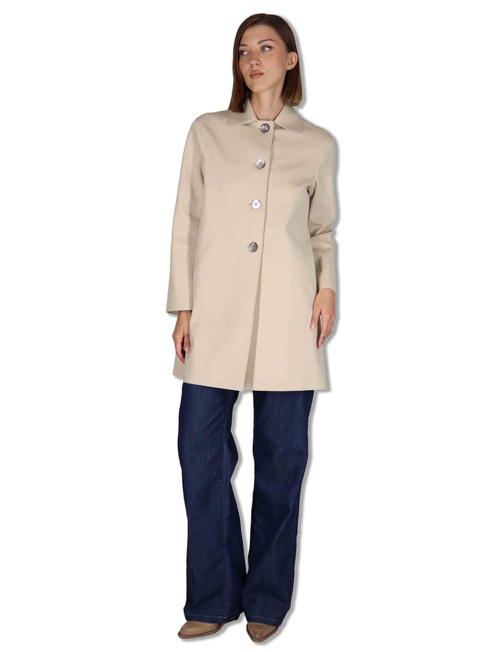 Spolverino donna in tessuto beige monopetto con bottoni in osso 50260003 031 Ewooluzione 