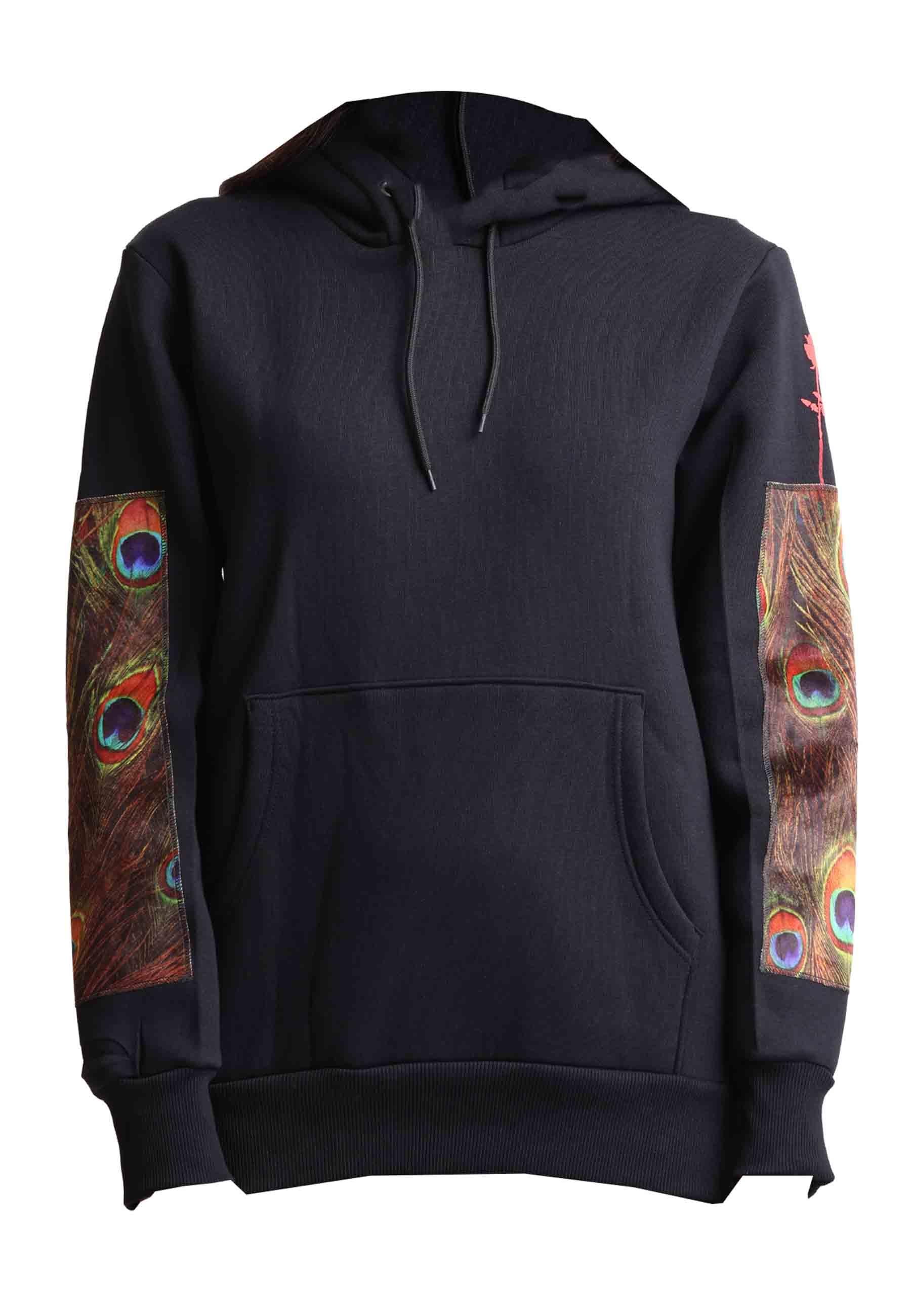 Felpa donna con cappuccio in tessuto nero e stampa in seta HOODIE PAVONE Bastille 