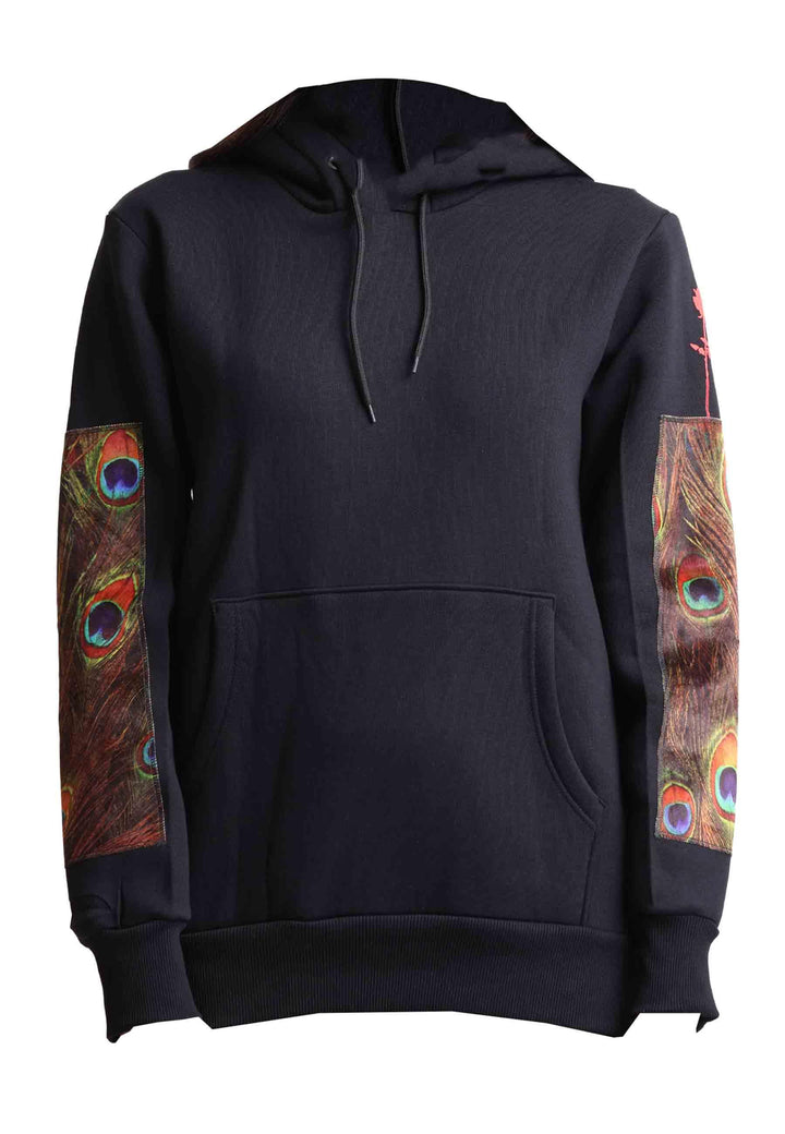 Felpa donna con cappuccio in tessuto nero e stampa in seta HOODIE PAVONE Bastille 