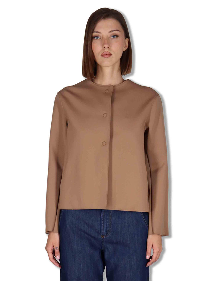 Giubbini donna in tessuto stretch marrone con bottoni a scomparsa 50260008 045 Ewooluzione 