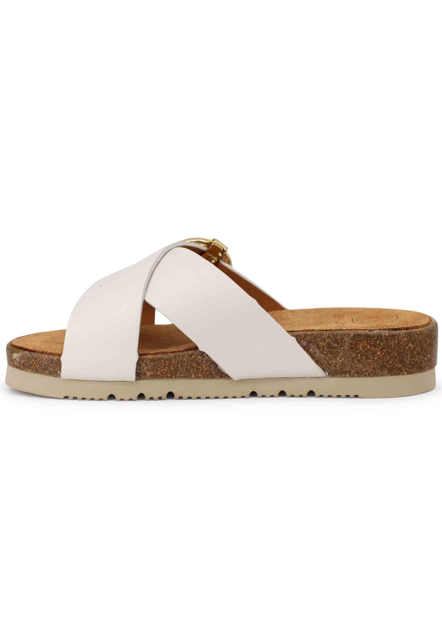 Sandali bassi donna in pelle avorio con fussbett e fibbia laterale oro CARPO RAN IVORY Unisa 