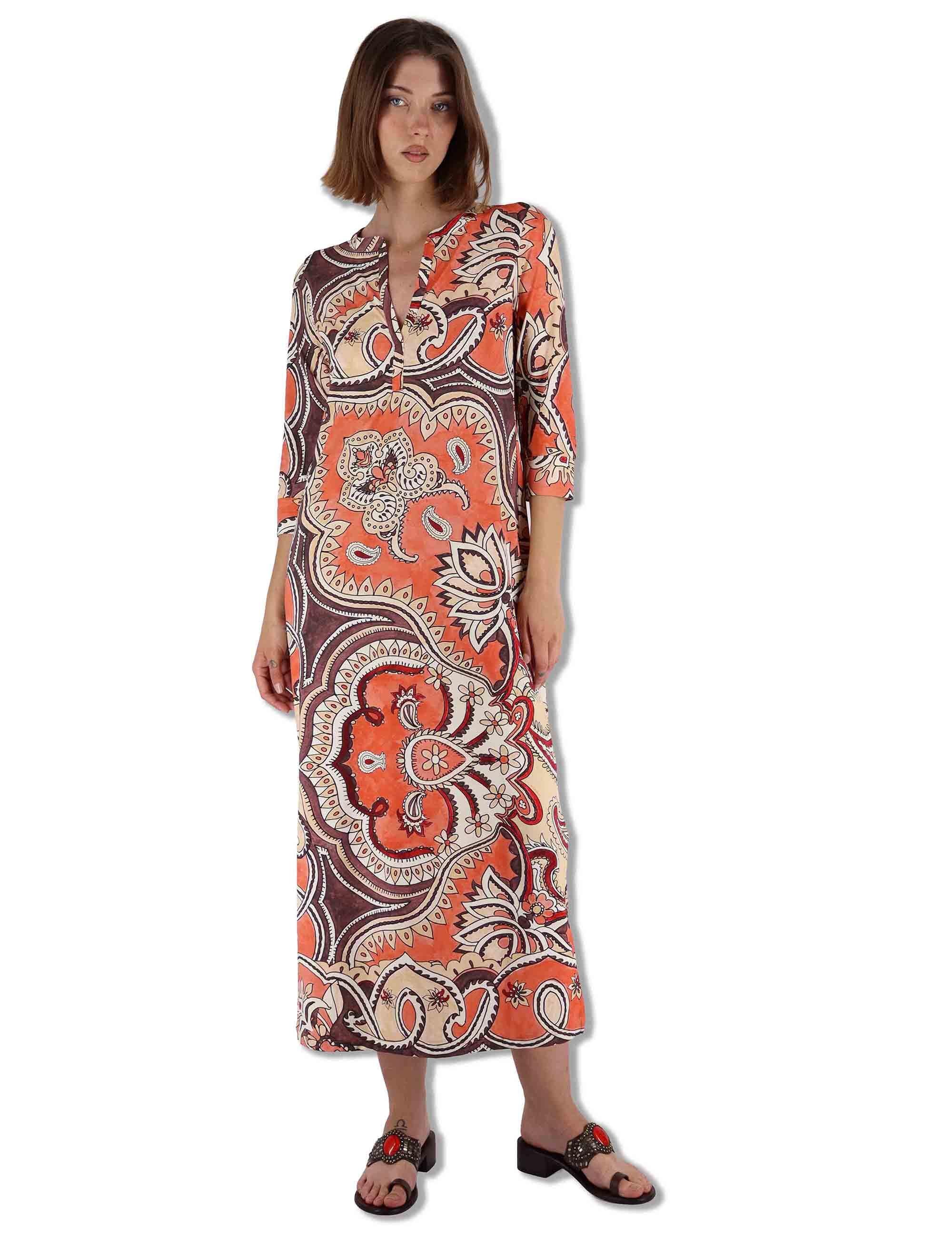 Abiti donna kaftani Hippie Lotus in tessuto bianco a fantasia con maniche 3/4 JF667370671 B3107 Maliparmi 