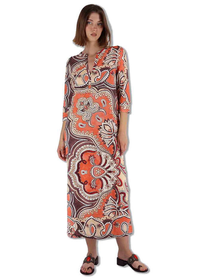 Abiti donna kaftani Hippie Lotus in tessuto bianco a fantasia con maniche 3/4 JF667370671 B3107 Maliparmi 