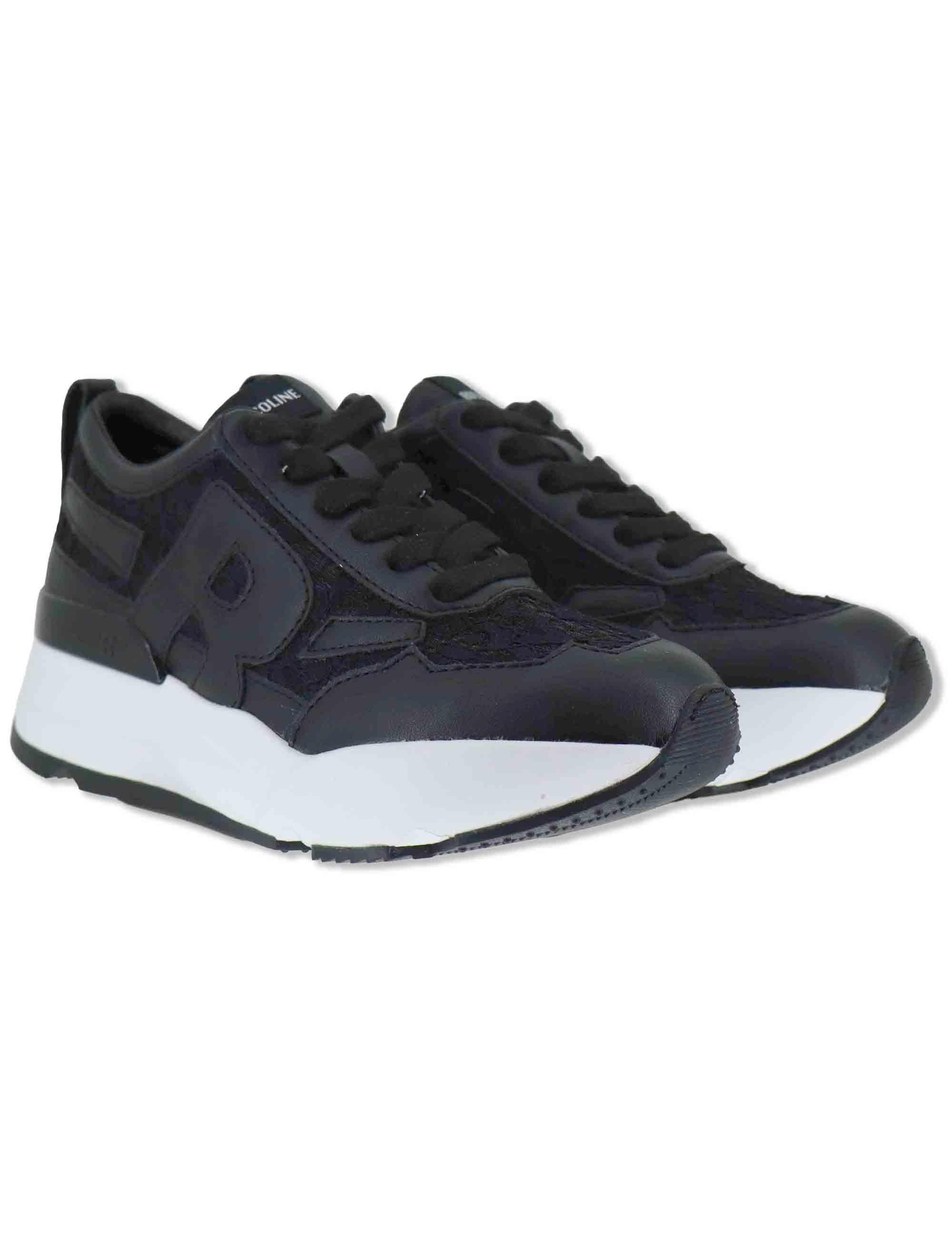 Sneakers donna in pelle e pizzo nero con zeppa alta in gomma 4009-84585 1 Ruco Line 