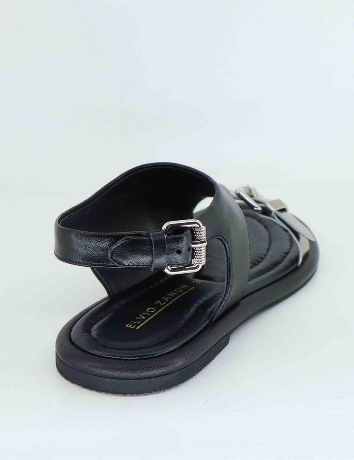 Sandali flat donna in pelle nera con cinturino posteriore EB1104X 605 Elvio Zanon 