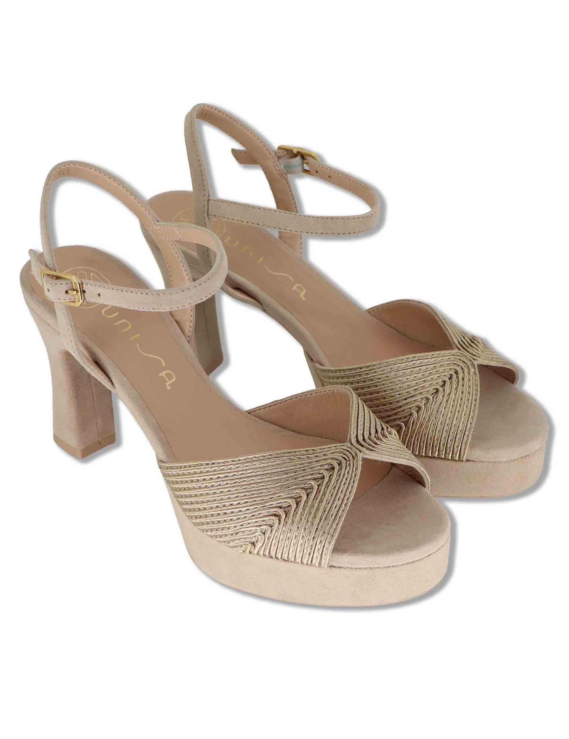 Sandali donna in pelle e tessuto taupe con cinturino tacco alto e plateau OJEDA SOU MUMM/SKIN Unisa 