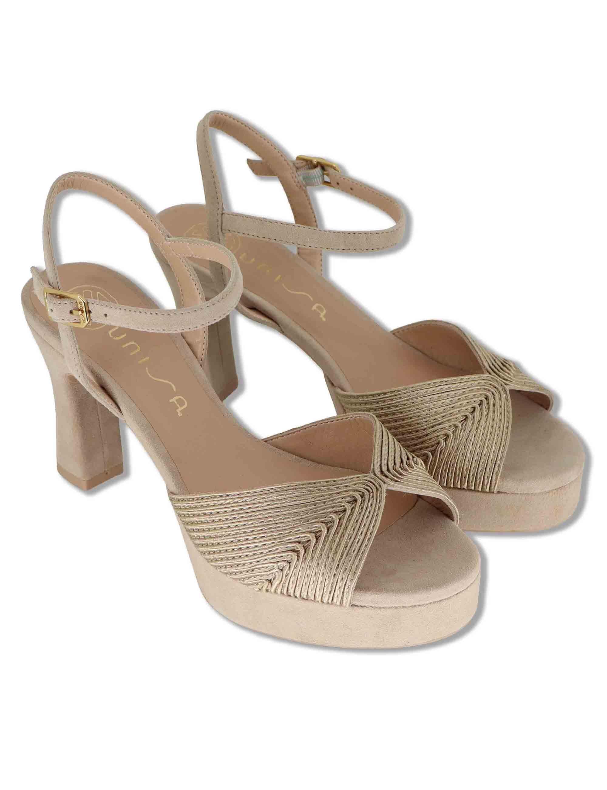 Sandali donna in pelle e tessuto taupe con cinturino tacco alto e plateau OJEDA SOU MUMM/SKIN Unisa 