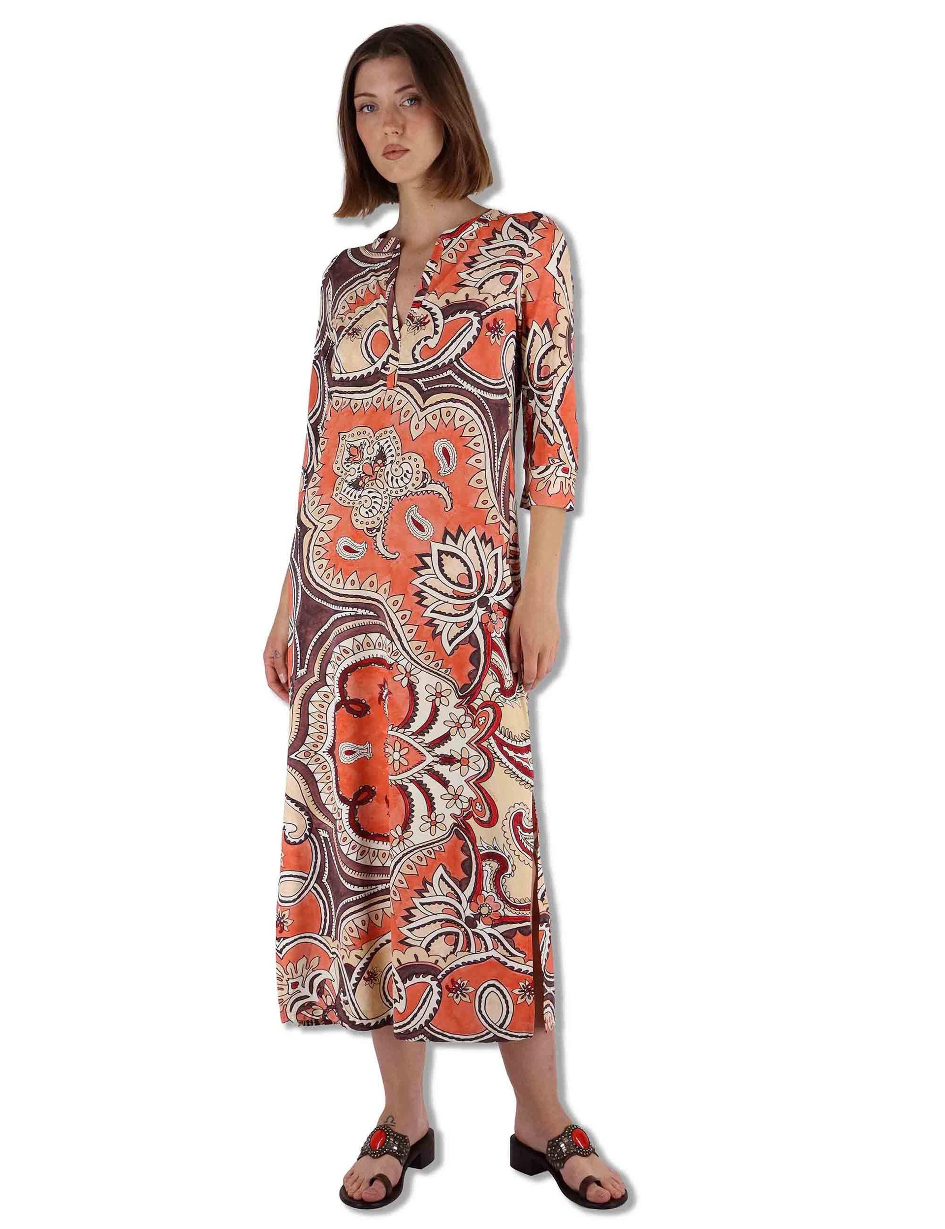 Abiti donna kaftani Hippie Lotus in tessuto bianco a fantasia con maniche 3/4 JF667370671 B3107 Maliparmi 