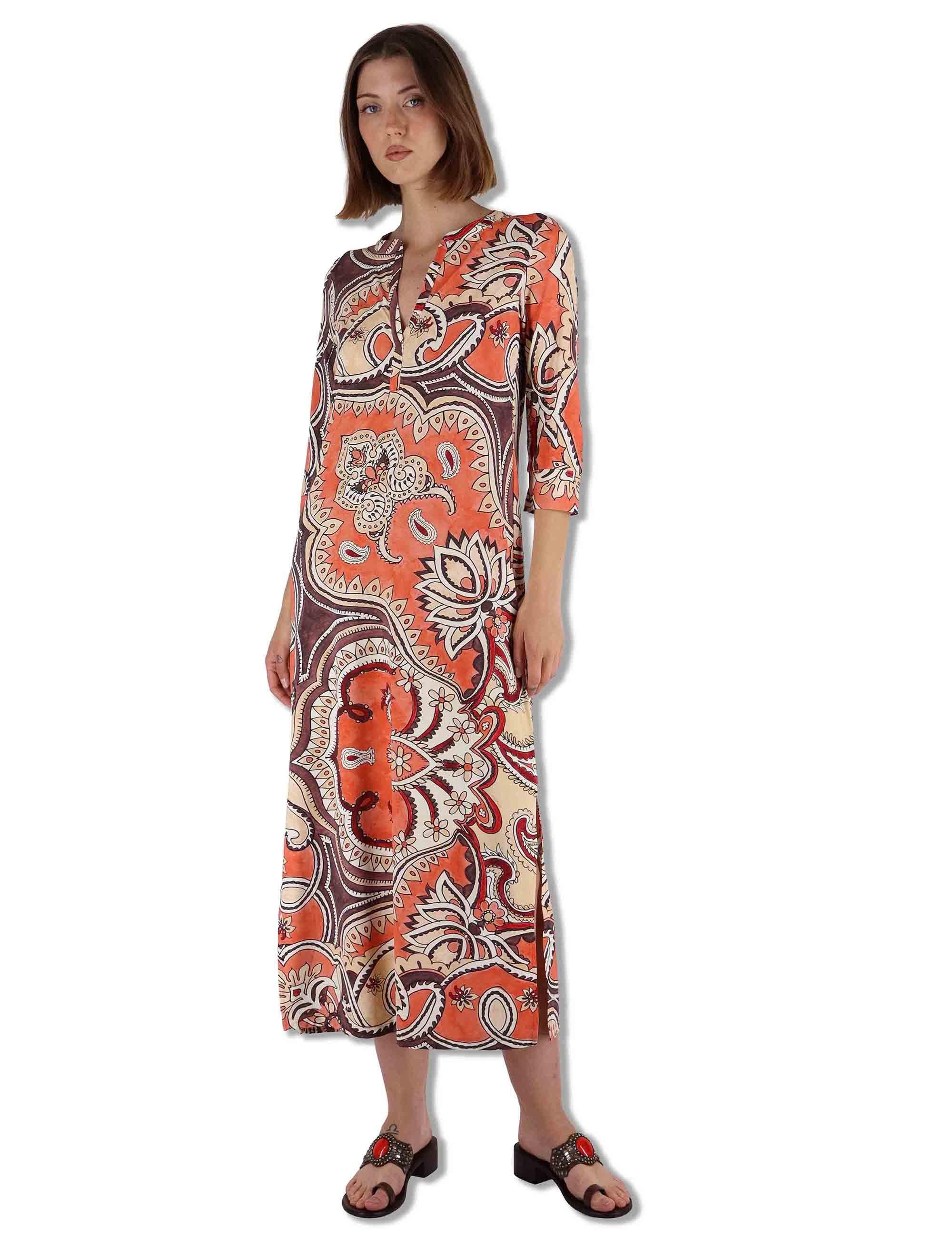 Abiti donna kaftani Hippie Lotus in tessuto bianco a fantasia con maniche 3/4 JF667370671 B3107 Maliparmi 