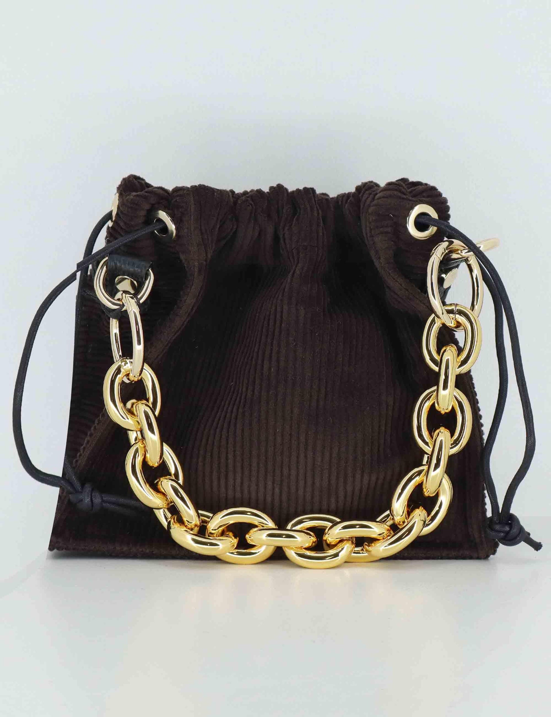 Borse donna in velluto marrone con chiusura coulisse e catena oro BON BON VELLUTO Kassiopea 
