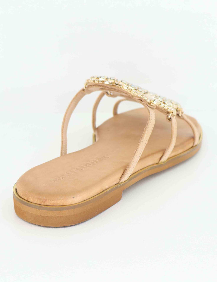 Sandali bassi donna in pelle beige con strass U4100543175D 543 Tsakiris Mallas 