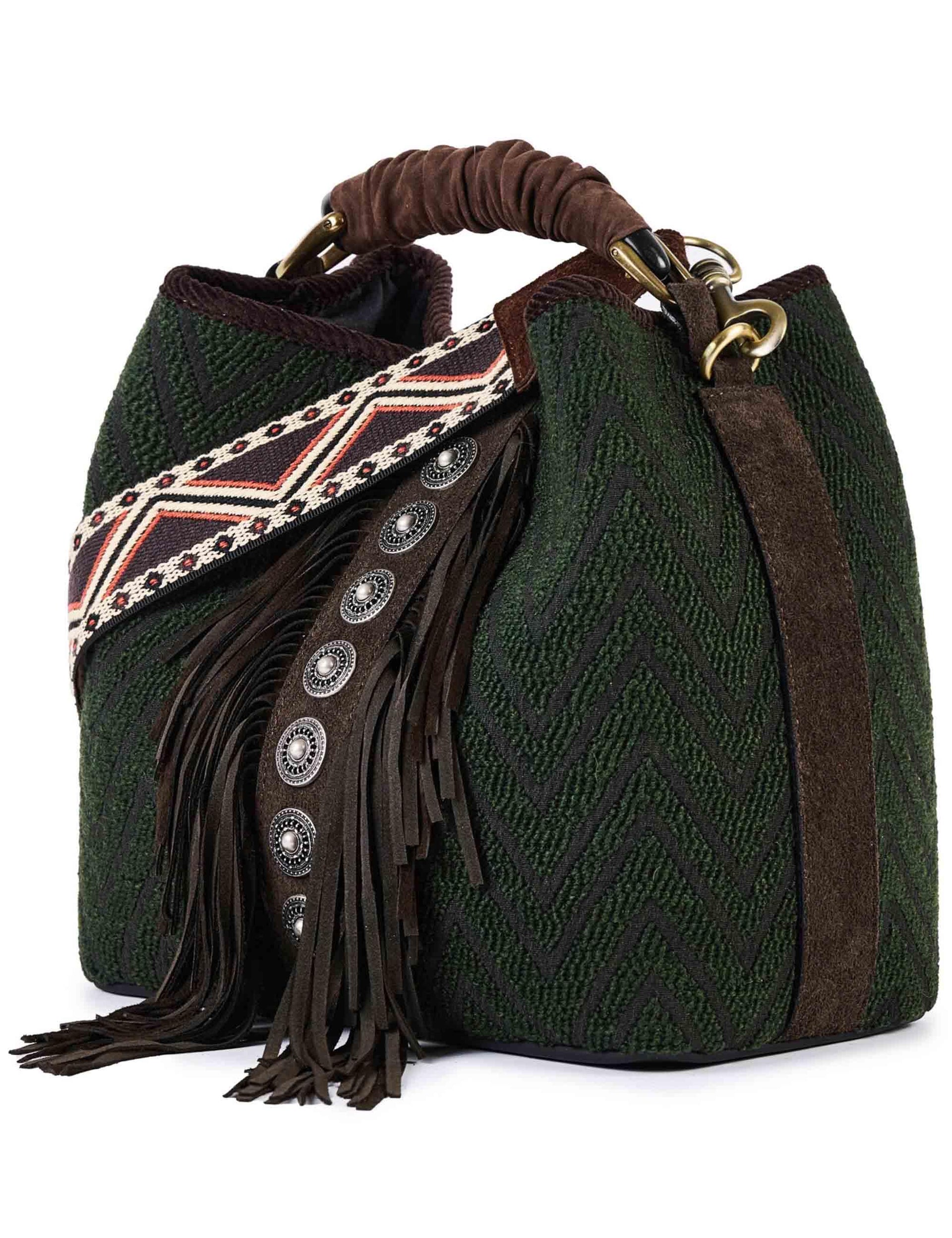 Borse donna in tessuto jacquard verde con borchie e frange CORAL Q04 Via Mail Bag 