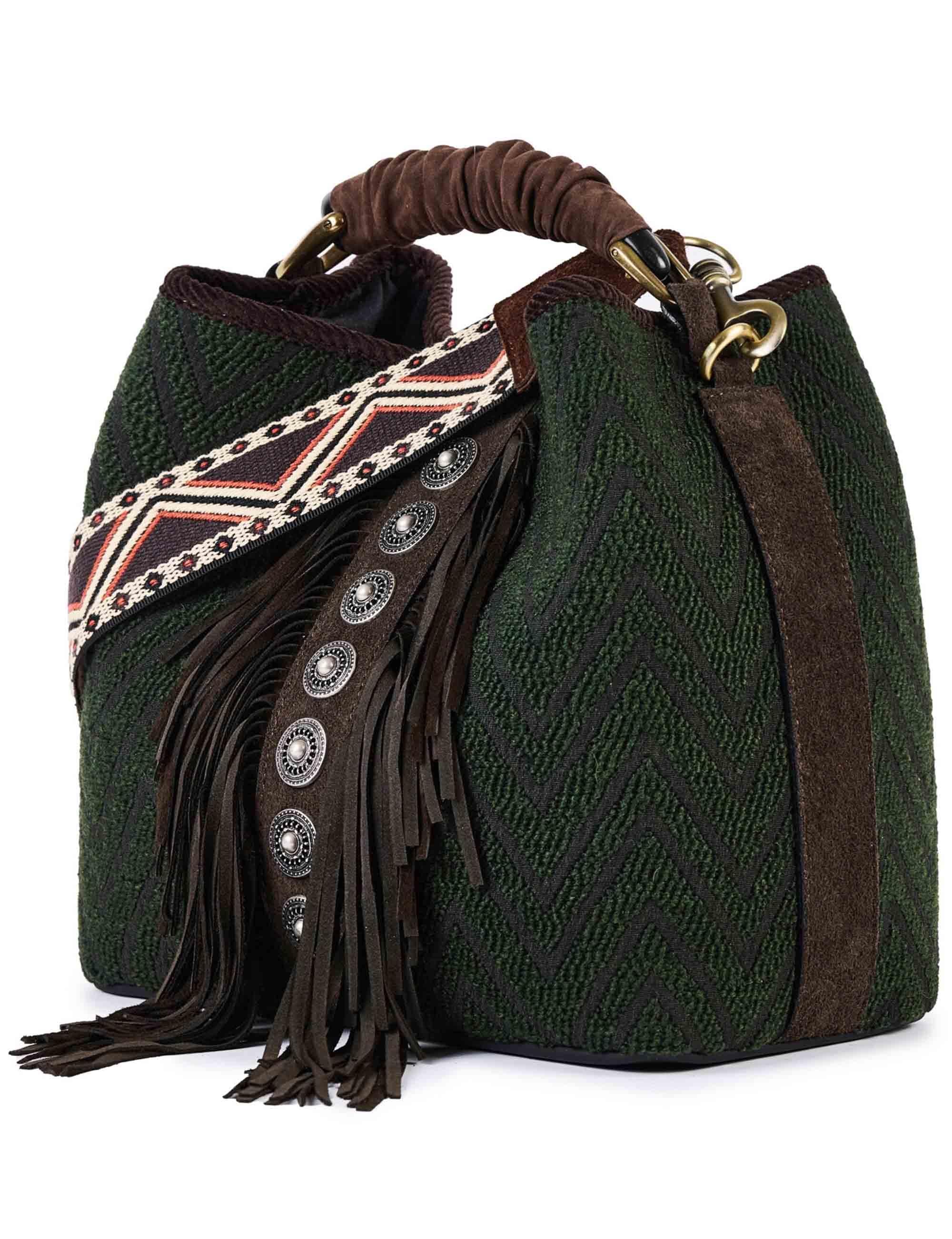 Borse donna in tessuto jacquard verde con borchie e frange CORAL Q04 Via Mail Bag 