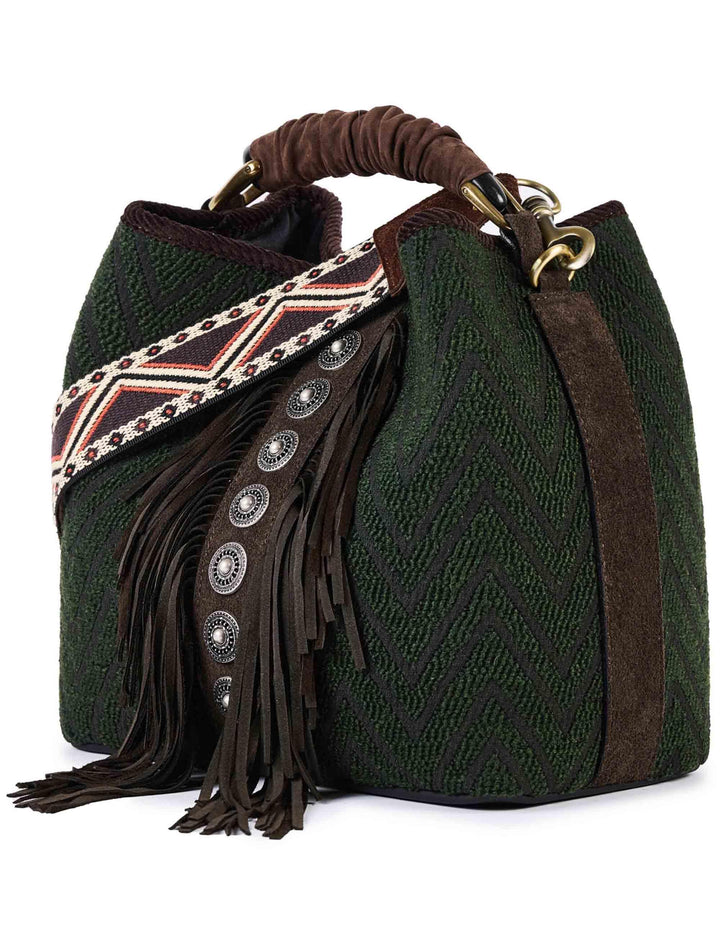 Borse donna in tessuto jacquard verde con borchie e frange CORAL Q04 Via Mail Bag 