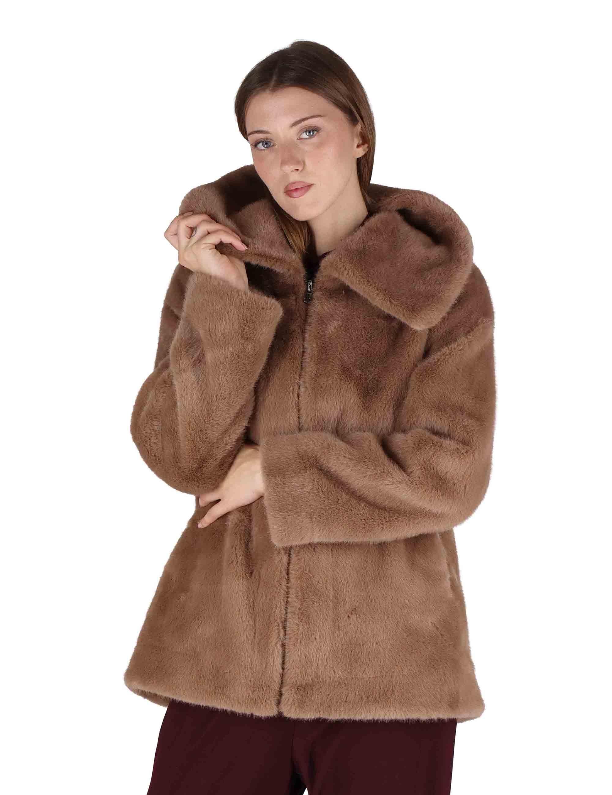 Giacche reversibili donna in eco fur marrone con zip SP25310 BROWN Spatarella 