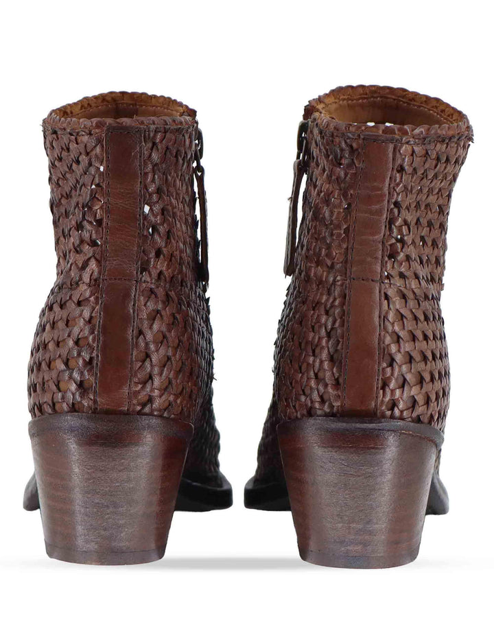 Stivaletti donna in pelle intrecciata cuoio con tacco messicano 261-303-19 BROWN Zolfo 