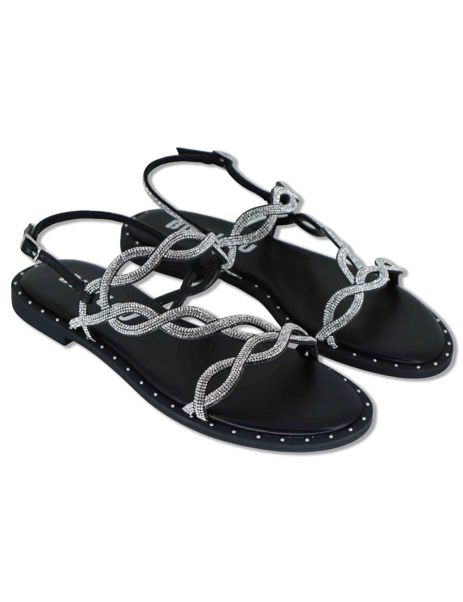 Sandali flat donna in pelle e strass argento con cinturino regolabile Illion 888Z00HG 09-PLOMO Bibi Lou 