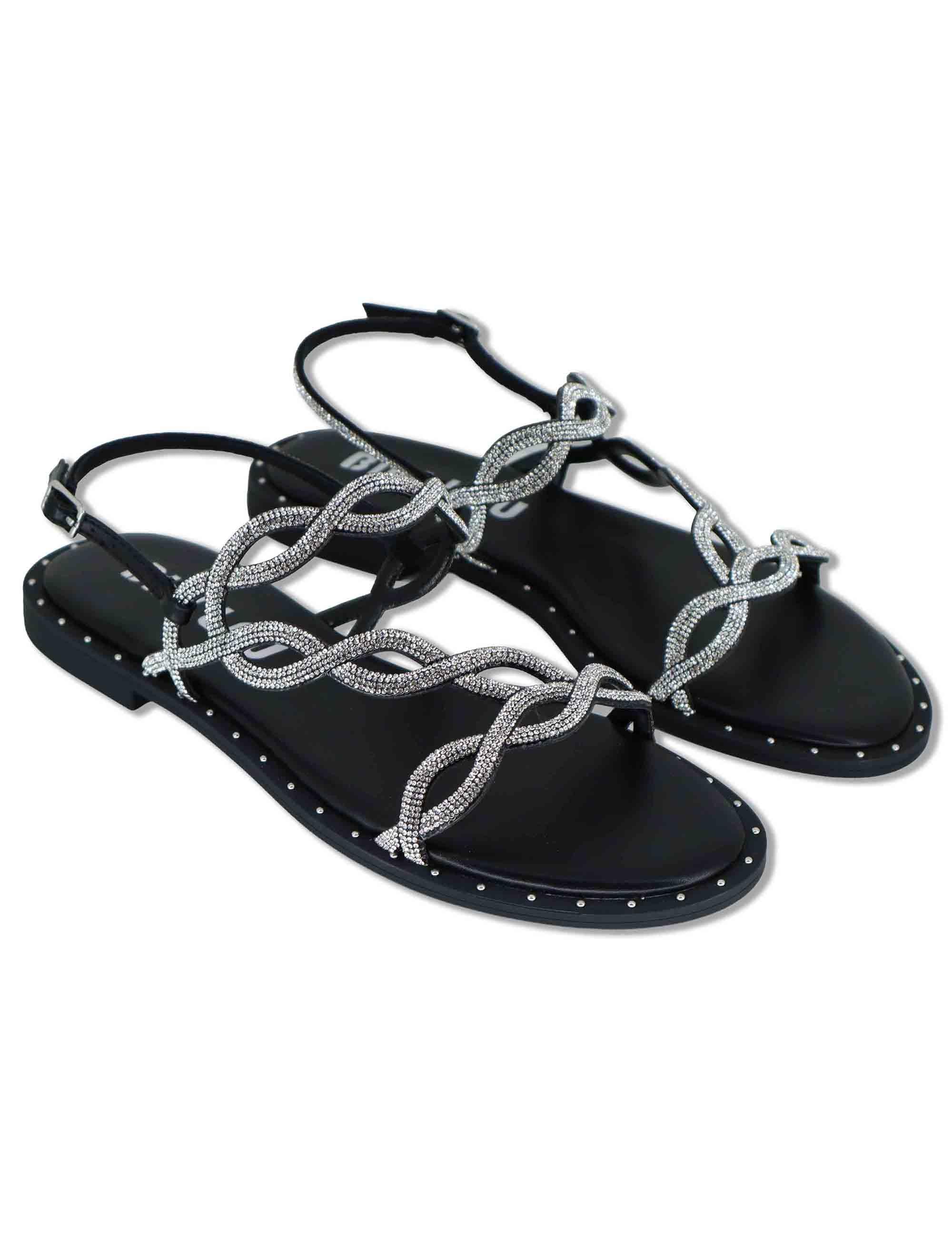 Sandali flat donna in pelle e strass argento con cinturino regolabile Illion 888Z00HG 09-PLOMO Bibi Lou 