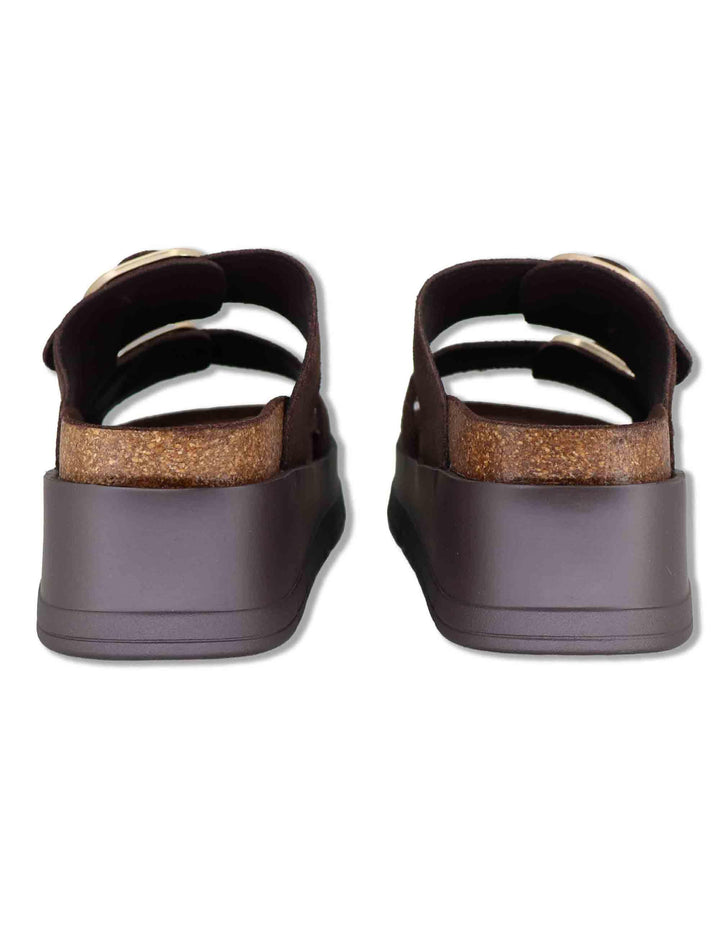 Sandali donna in eco camoscio marrone con doppia fibbia e zeppa in gomma W403R655 3504 Exe 