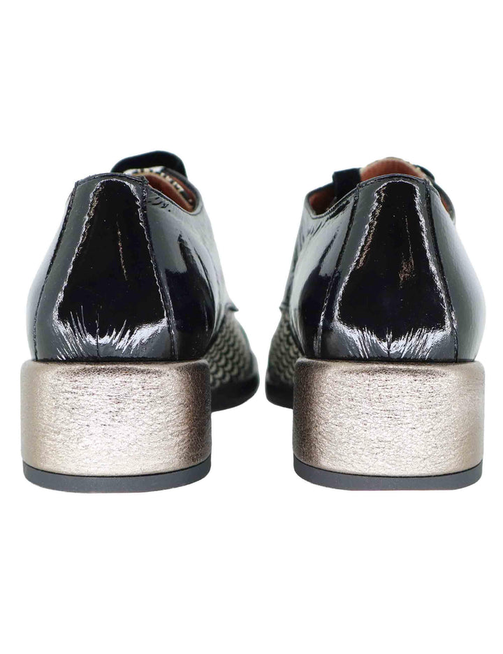 Stringate donna in pelle nera con tacco basso oro 9532GL 001 Les Venues 