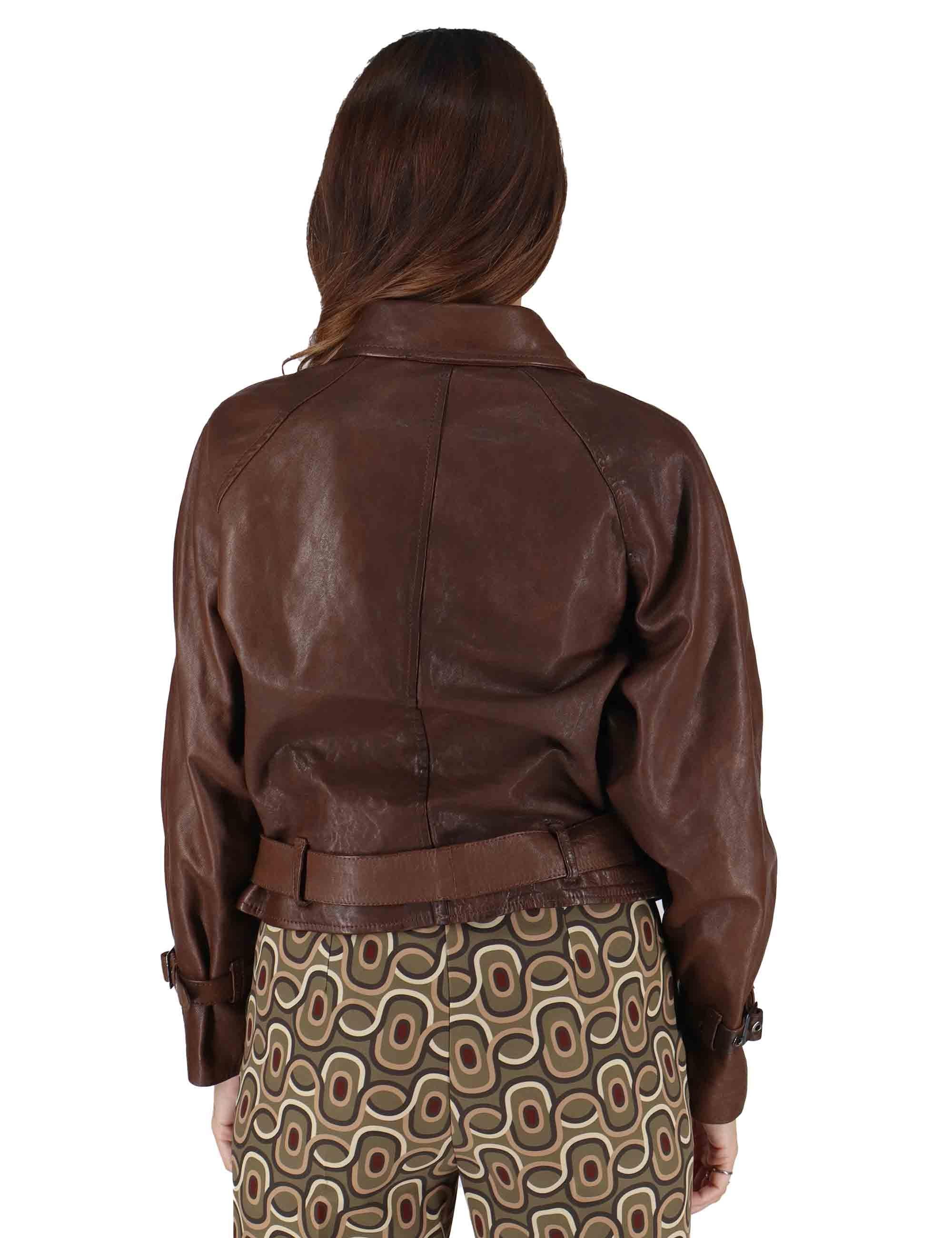 Giubbini donna in pelle marrone taglio chiodo con cintura in vita SP2471 014 Spatarella 