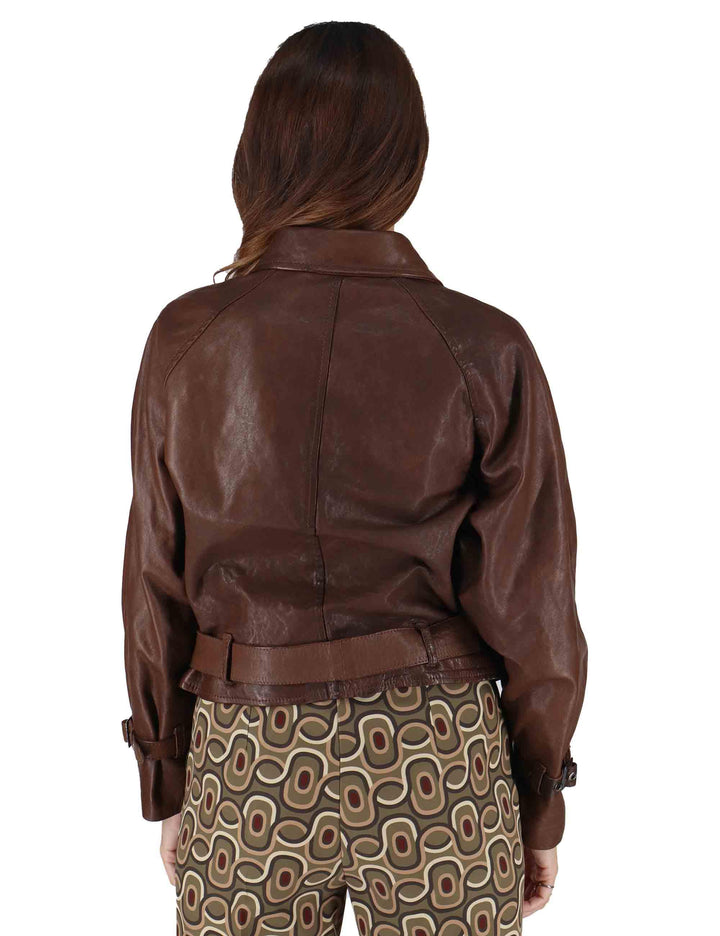 Giubbini donna in pelle marrone taglio chiodo con cintura in vita SP2471 014 Spatarella 